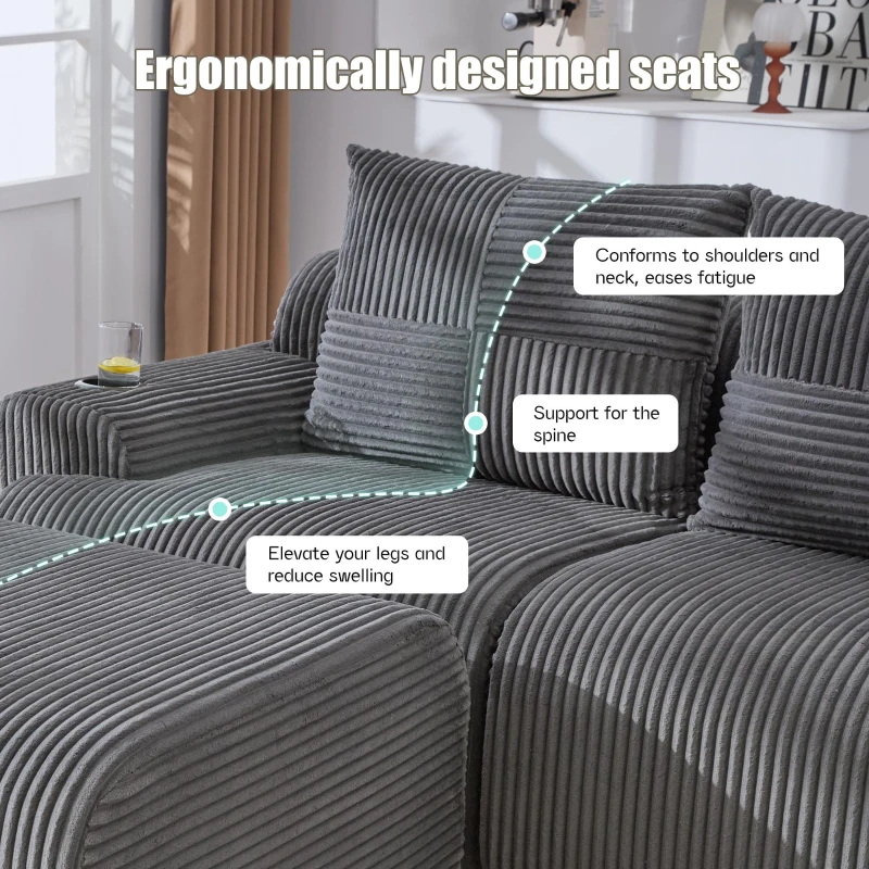 Corduroy L-Shaped Sectional Sofa with Integrated Cup Holders, 3-Seater Modular Cord Sofa for Living Rooms, 268L x 174W x 80H cm, Dark Gray