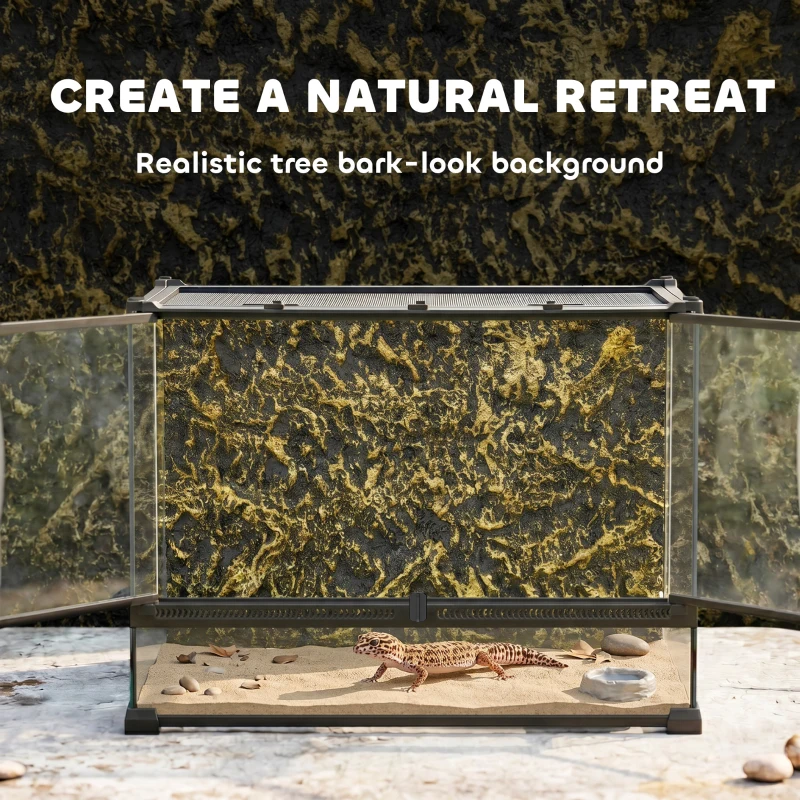 PawHut Reptile Glass Terrarium with Stone Background, Front Ventilation, Escape-Proof Knob Lock, 50 x 30 x 35 cm, Black