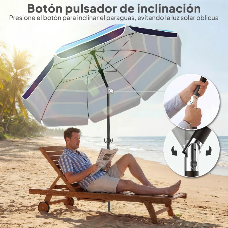 Outsunny Sombrilla de Playa con Mesa Plegable y Portavasos Ø198 cm Altura Ajustable Inclinación Bolsa de Transporte Multicolor