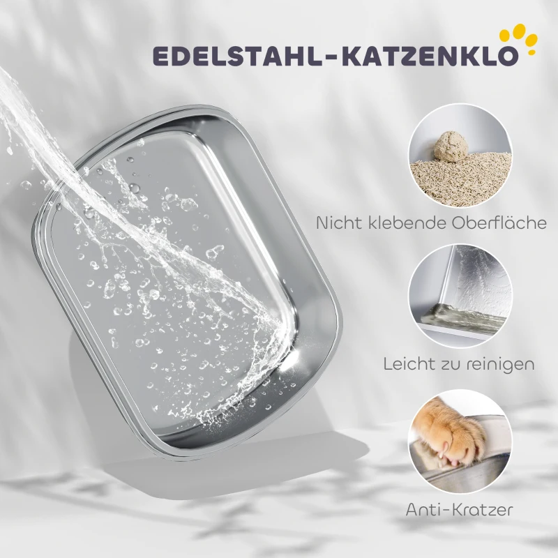 PawHut Katzenklo Edelstahl mit Deckel, Katzentoilette mit Wanne, Streuschaufel, für Katze unter 5 kg, 52,4 x 41,3 x 42 cm, Weiß