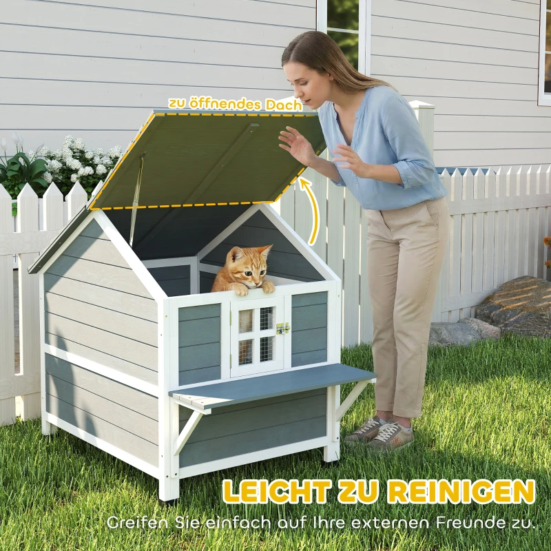 PawHut Katzenhaus aus Holz 2-Etagen Katzenhöhle mit wasserdicht aufklappbar Dach, seitlicher Plattform, 101x72,5x81cm, Grau