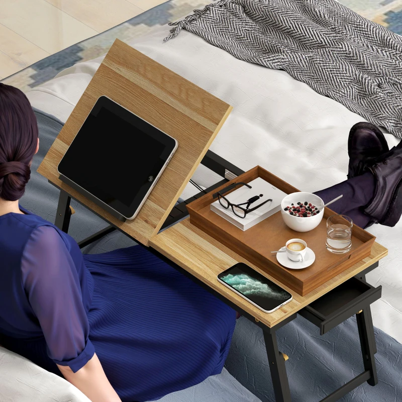 HOMCOM Betttisch, Laptoptisch Höhenverstellbar mit Schublade, Klappbar für Sofa Arbeiten Bett, Eiche