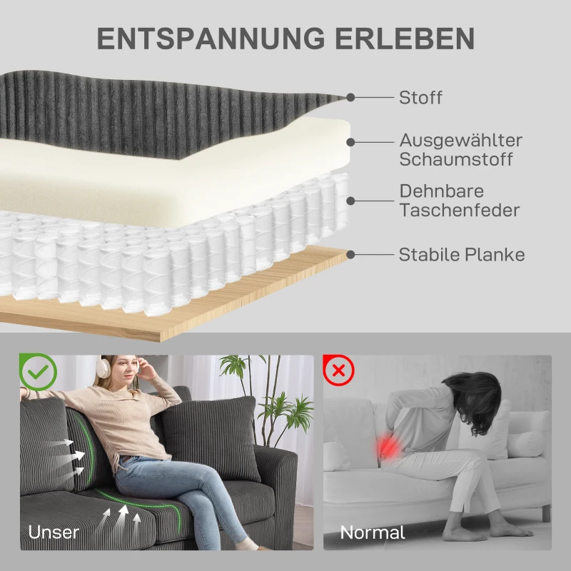 HOMCOM 3-zitsbank met sierkussens, cordbank voor woonkamer, slaapkamer, 212 cm breed, Donkergrijs