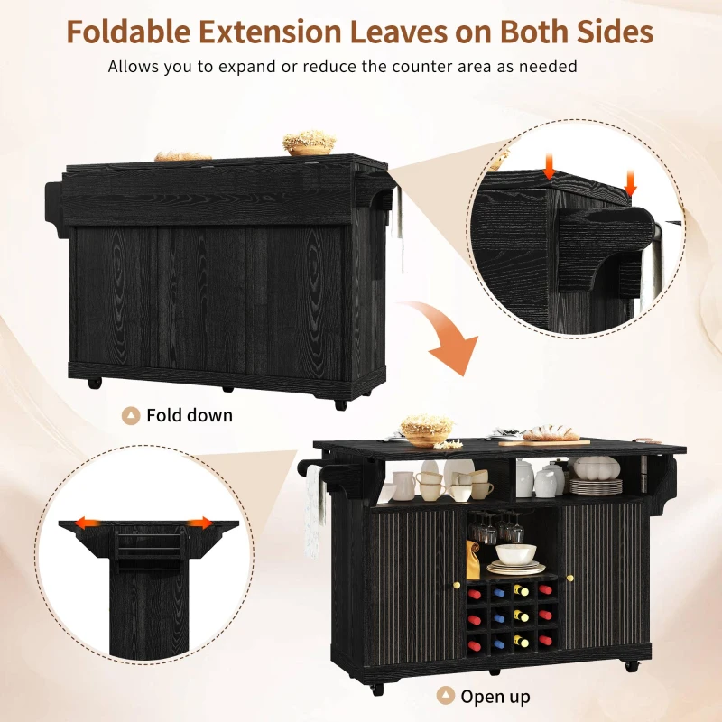 Foldable Serving Trolley with Ample Storage and Snack Racks, Mobile Kitchen Island for Balconies or Dining Room, 142.5L x 40W x 95H cm, Black