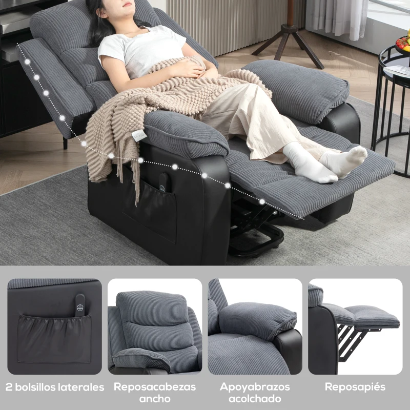 HOMCOM Sillón Relax Reclinable Eléctrico Levanta Personas con Mando a Distancia Puerto USB y Bolsillos Laterales Gris Oscuro