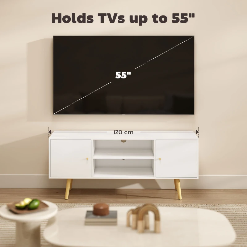 HOMCOM TV Stand Cabinet up to 55 Inches, TV Unit with Storage Shelves and Wood Legs for Living Room, Bedroom, White