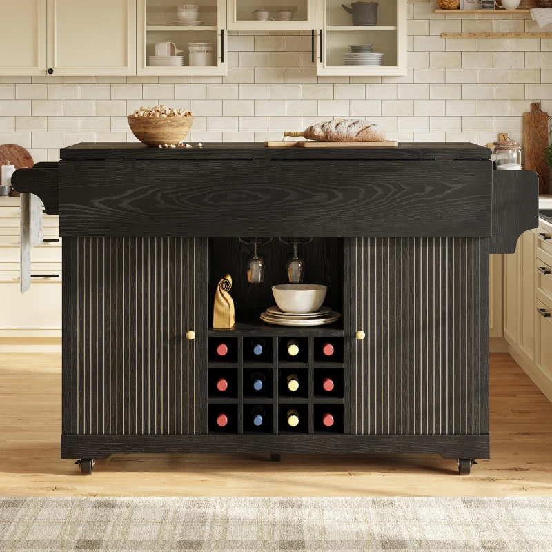 Foldable Serving Trolley with Ample Storage and Snack Racks, Mobile Kitchen Island for Balconies or Dining Room, 142.5L x 40W x 95H cm, Black
