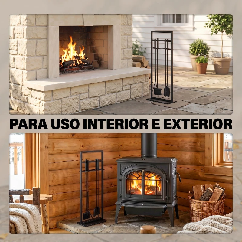 Outsunny Conjunto de Utensílios para Lareira de 5 Peças em Metal com Escova Pá Atiçador Pinça e Suporte Preto