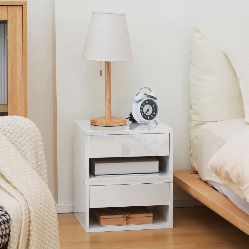 HOMCOM Set of Two Floating Bedside Tables - High Gloss White