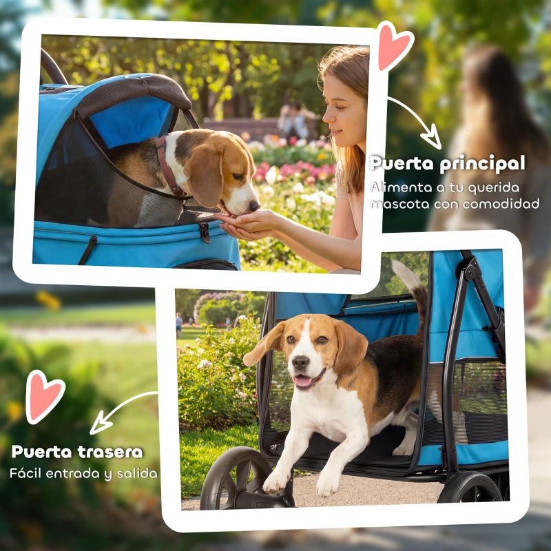 PawHut Carrito para Perros Plegable con 3 Ruedas Ventanas de Malla Cojín Lavable Todo Terreno Carga 20 kg 92x63x95 cm Azul