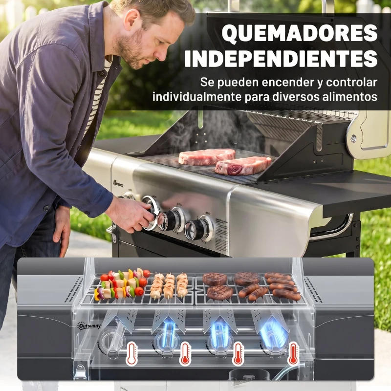 Outsunny Barbacoa de Gas con 4 Quemadores 12,8 kW Termómetro Parrillas de Hierro Fundido Mesas Laterales Armario y Ruedas Negro
