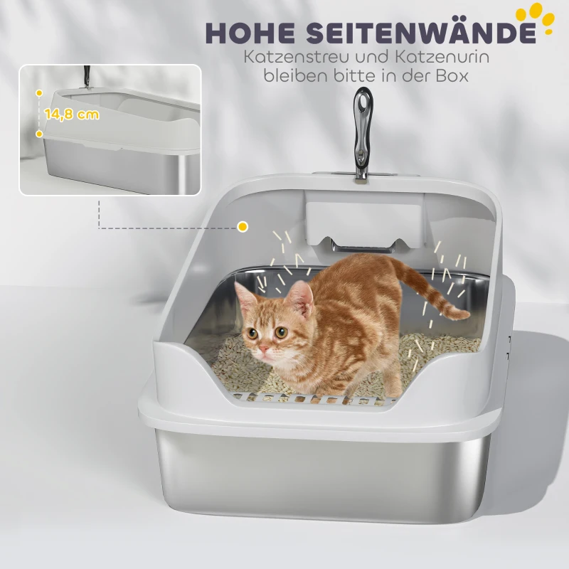 PawHut Katzentoilette Edelstahl Offene Katzenklo mit Schaufel hohem Rand für große Katzen bis 7 kg, 60,2 x 40,2 x 29,7 cm, Grau