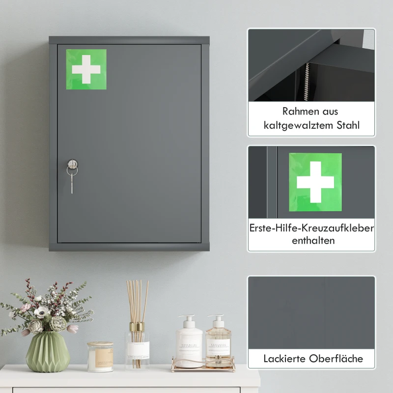 kleankin Medizinschrank zur Wandmontage mit Schloss, 3-stufiger Stahl-Wandschrank, 40 x 15 x 53,5 cm, Kohlegrau
