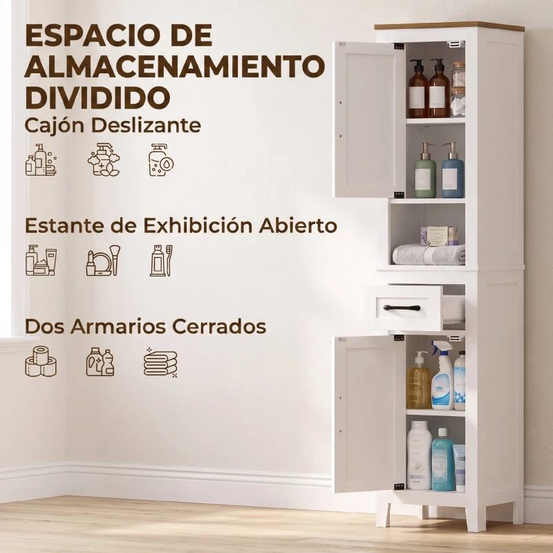 HOMCOM Armario de Baño Alto y Estrecho Rústico con Cajón Estante Abierto Puertas y Estantes Ajustables 34,5x30x148 cm Blanco