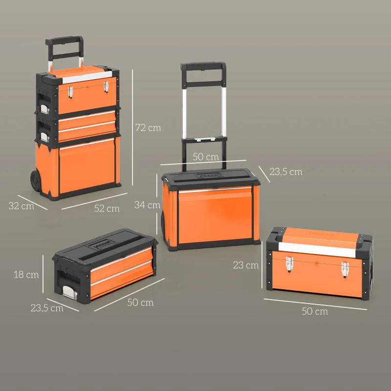 HOMCOM Caja de Herramientas con Ruedas Apilable Carro de Herramientas de Acero con Bandeja Mango Telescópico Naranja y Negro