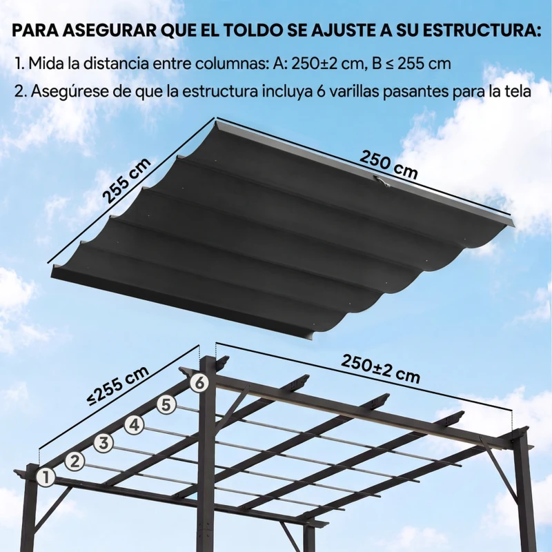 Outsunny Cubierta para Techo Retráctil de 2,5x2,55m para Pérgola 3x3 Tela de Repuesto con 10 Orificios de Drenaje Gris Oscuro