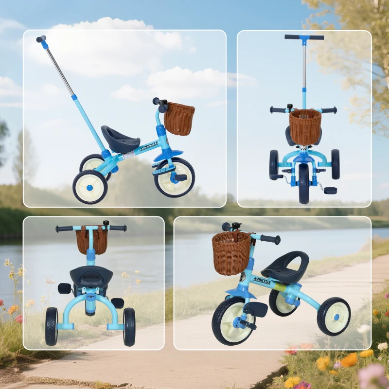 AIYAPLAY Triciclo para Bebés 2 en 1 para 2-5 Años con Barra Parental Pedales Antideslizantes, Reposapiés Plegables y Cesta Azul