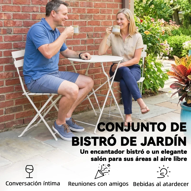 Outsunny Conjunto de Jardín Plegable con 2 Sillas Plegables Mesa Redonda Estructura Metálica Electrofórica para Balcón Crema