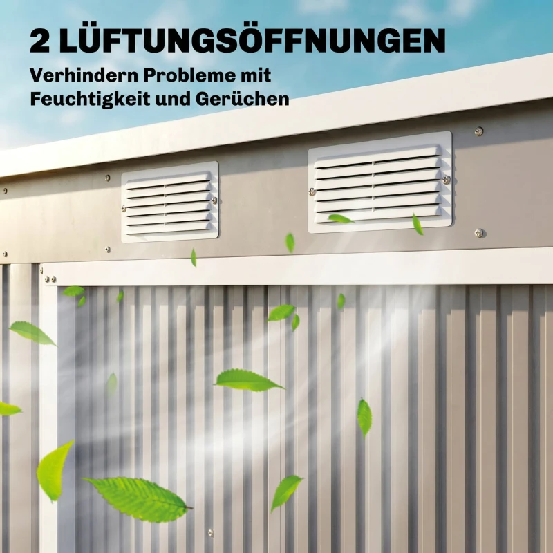Outsunny Geräteschuppen, mit Lüftungsfenstern, Schiebetüren, verzinkter Stahl, 213 x 130 x 172 cm, Hellgrau