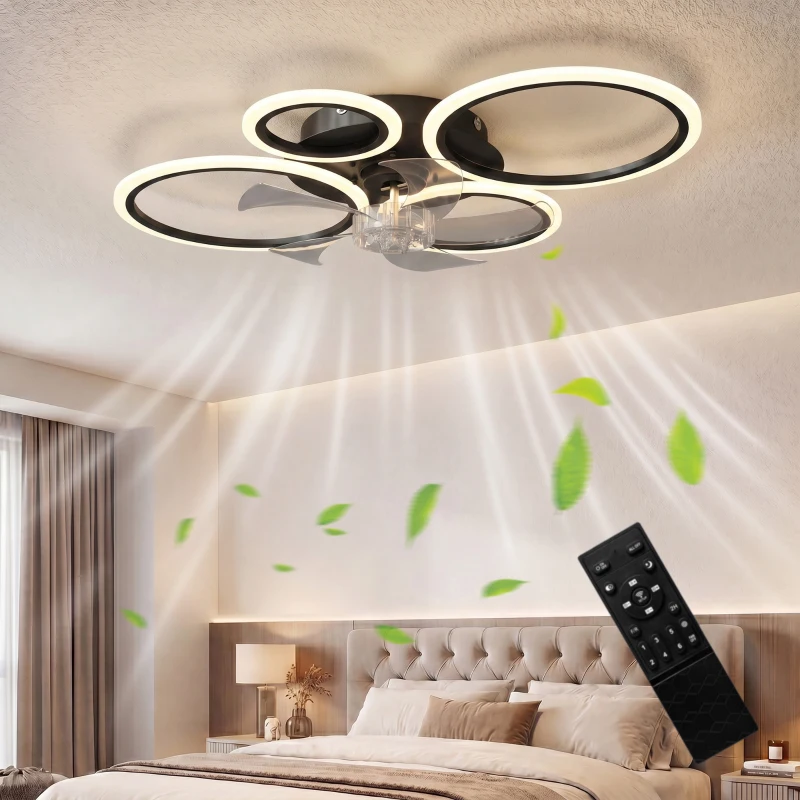 HOMCOM Ventilateur de plafond avec lumière et télécommande, plafonnier ventilateur 77 cm avec 6 vitesses, noir