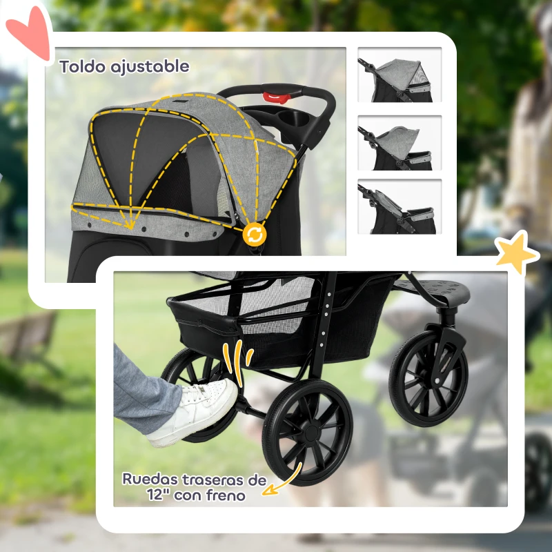 PawHut Carrito para Perros con 3 Ruedas Ventanas de Malla Cesta de Almacenaje y Correas de Seguridad 109,5x57,5x106,5 cm Gris