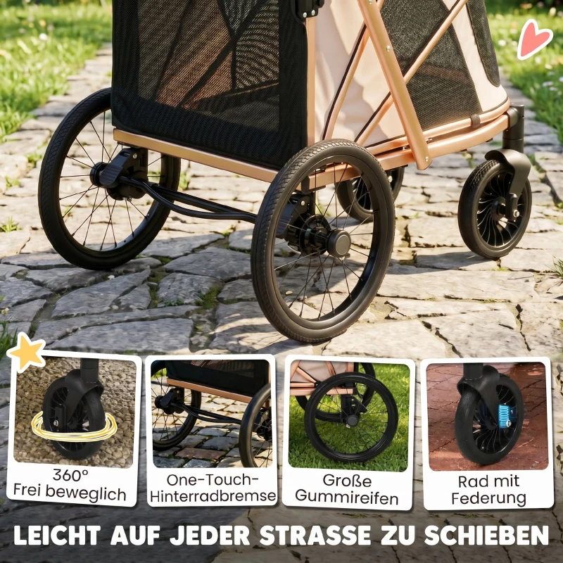 PawHut Hundewagen Faltbar Hundebuggy für Hunde bis 20 kg mit 360°Drehrädern Netzfenster Kissen Verstellbarer Griff Hellbraun