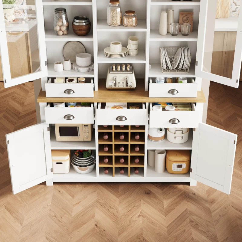 Kitchen Pantry Cabinet with Wine Rack and Adjustable Shelves, Glass-Door Buffet Sideboard with 5 Deep Drawers, 120L x 40W x 185H cm, White