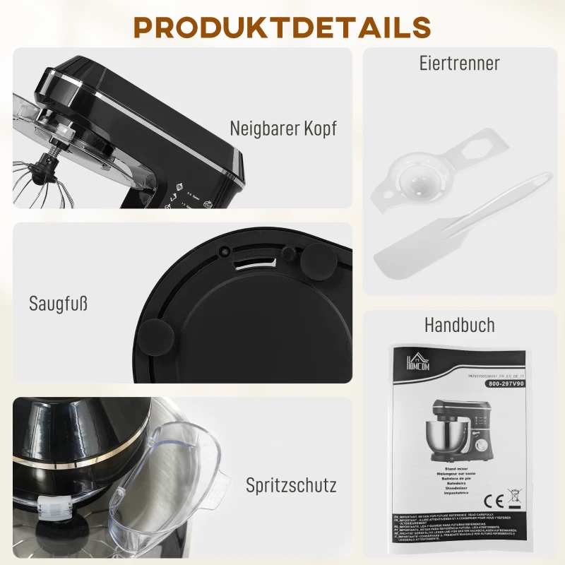 HOMCOM Küchenmaschine Knetmaschine mit 7L Edelstahlschüssel 1400W mit Kippkopf, Knethaken, Schneebesen, Rührbesen