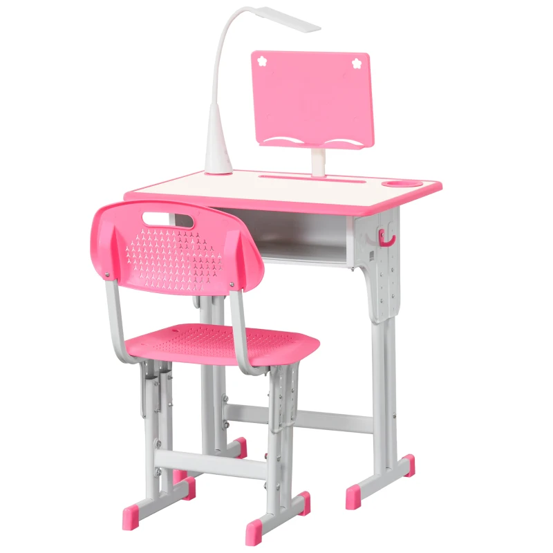 HOMCOM Kids Desk and Chair Set Adjustable Height Study Table Set with Drawer, Book Stand, Pen Slot - Pink