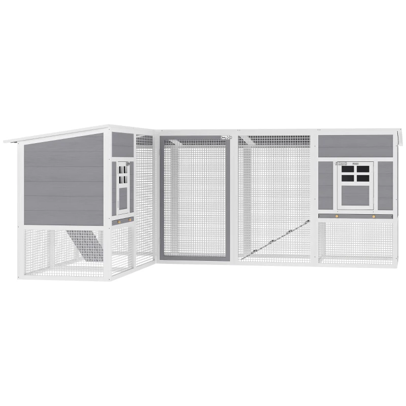 PawHut Hühnerstall L-förmiges Hühnerhaus aus Holz mit 2 Häusern, 2 Ebenen, Auslauf, Rampe, 251 x 192 x 103 cm Grau