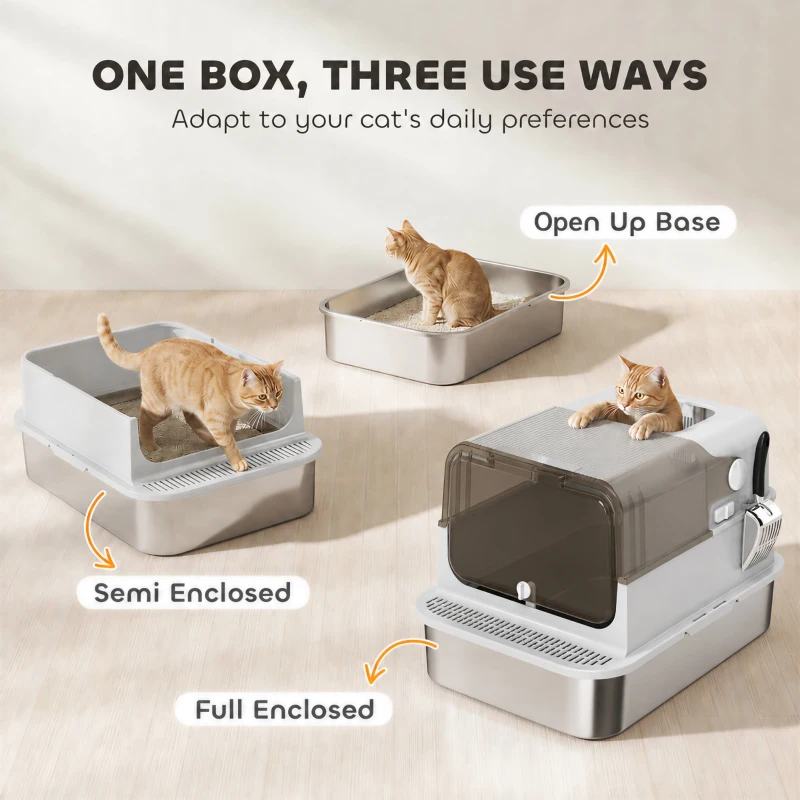 PawHut XXL Stainless Steel Cat Litter Tray, Enclosed Cat Litter Box with 90° Flip Cover, Double Doors, Scoop, Easy Clean, Grey