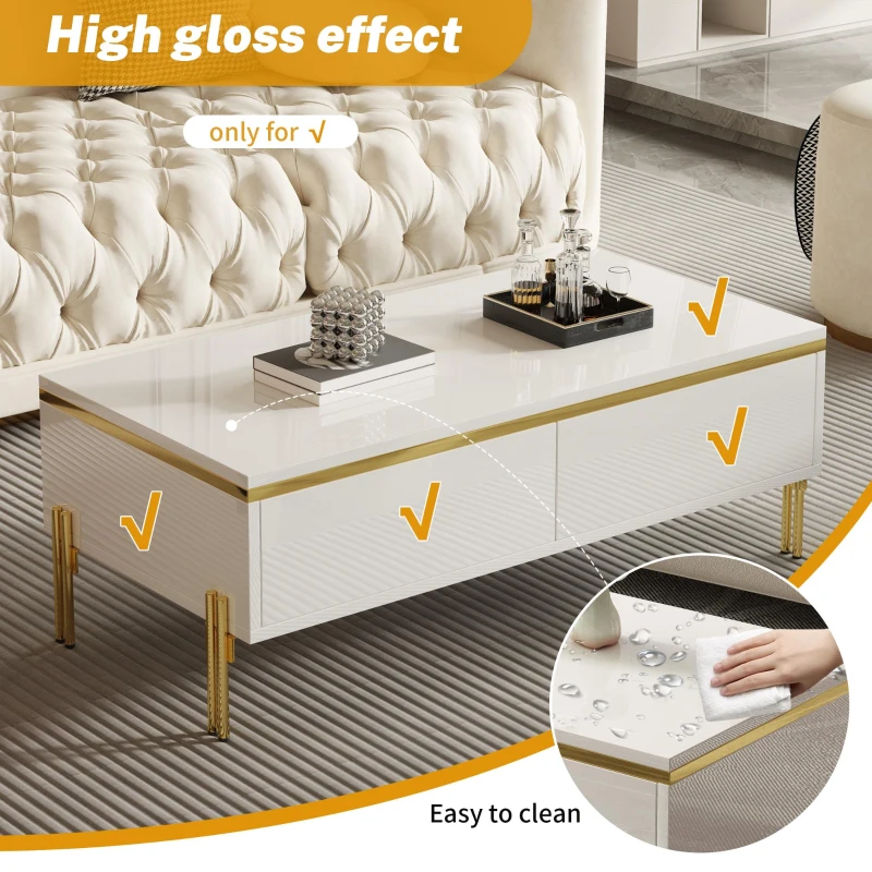 Spacious Coffee Table with 2 Hidden Drawers, Versatile Room Table for Italian-Style Rooms or Cream-Toned Spaces, 100L x 50W x 36H cm, White