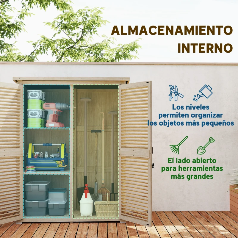 Outsunny Armario de Jardín 0,83 m² 127x65x168 cm con 2 Puertas de Persiana 2 Estantes 2 Asas y Techo Impermeable Natural