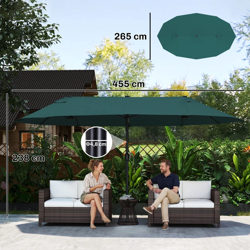 Outsunny Sombrilla Doble para Jardín 455x265x238 cm Parasol Grande con Manivela Manual Protección Solar Verde Oscuro