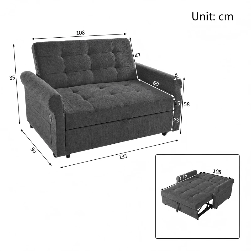 Convertible Sofa Bed with Adjustable Backrest, Functional Sofa with USB & Type-C Ports and Storage Pocket, 135L x 173W x 58H cm, Drak Grey