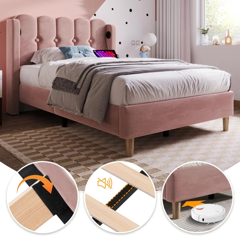 Practical Single Bed with USB and Type-C Charging Ports, Cozy Bed Frame with Grille Design Panel Headboard, 197L x 103W x 103H cm, Pink