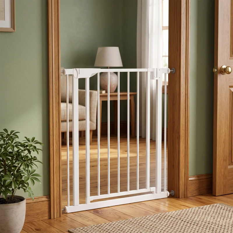 PawHut Baby Gate, Pet Safety Gate Pressure Fit, 76-81cm Wide with Two-Way Open, One-Hand Opening