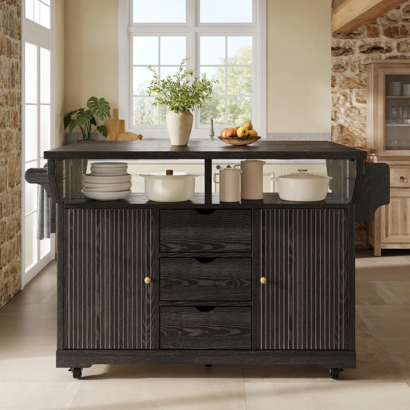 Foldable Serving Trolley with Ample Hidden Storage, Mobile Kitchen Island for Balconies or Dining Room, 142.5L x 40W x 95H cm, Black