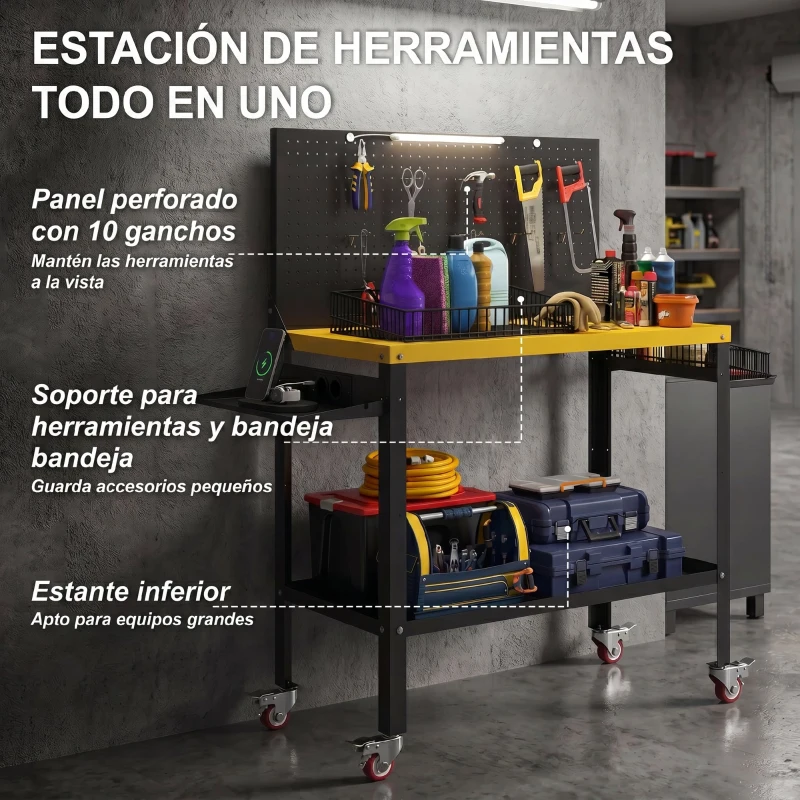 HOMCOM Banco de Trabajo con Panel Perforado Mesa de Trabajo con Enchufes Luz LED Ruedas Marco de Metal Negro y Amarillo