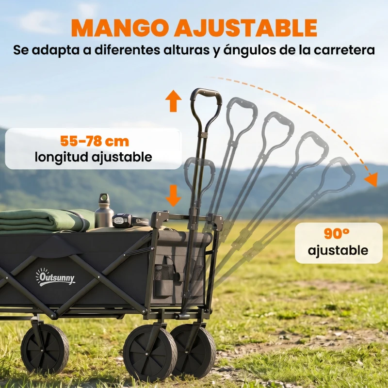 Outsunny Carro Plegable con Toldo Desmontable Longitud y Ángulo del Mango Ajustables y Bolsa de Transporte Carga 100 kg Negro
