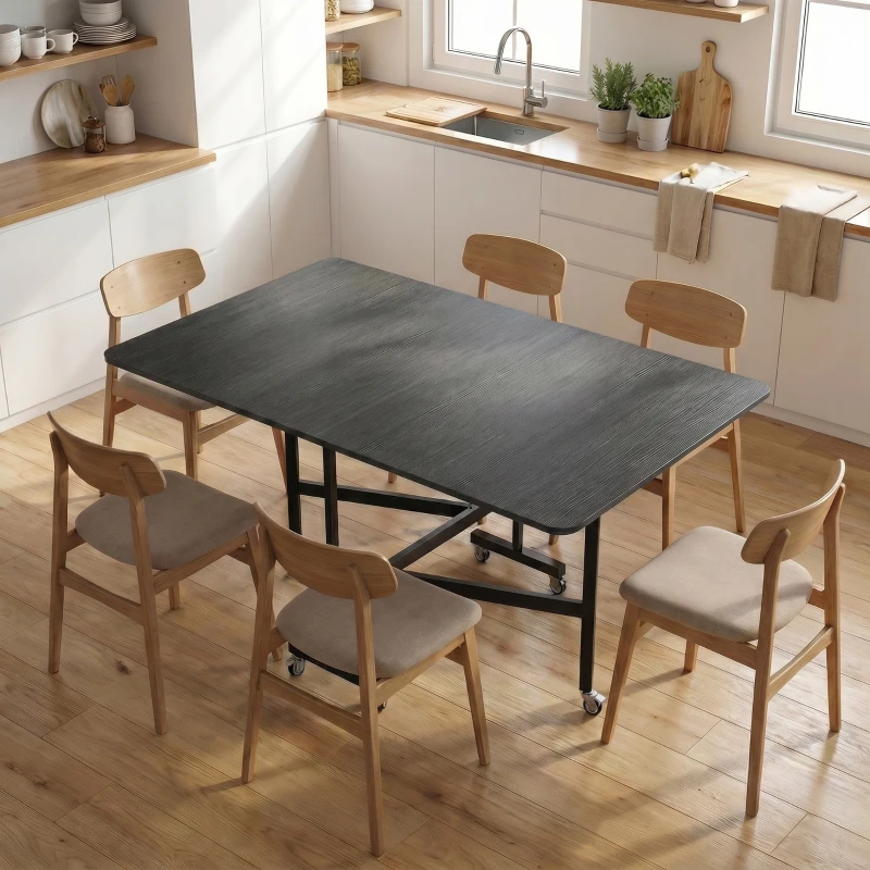 HOMCOM Table à Manger Pliante sur Roulettes pour 4-6 Personnes 120 cm, Roues avec Freins, 2 Abattants, Industriel, Noir