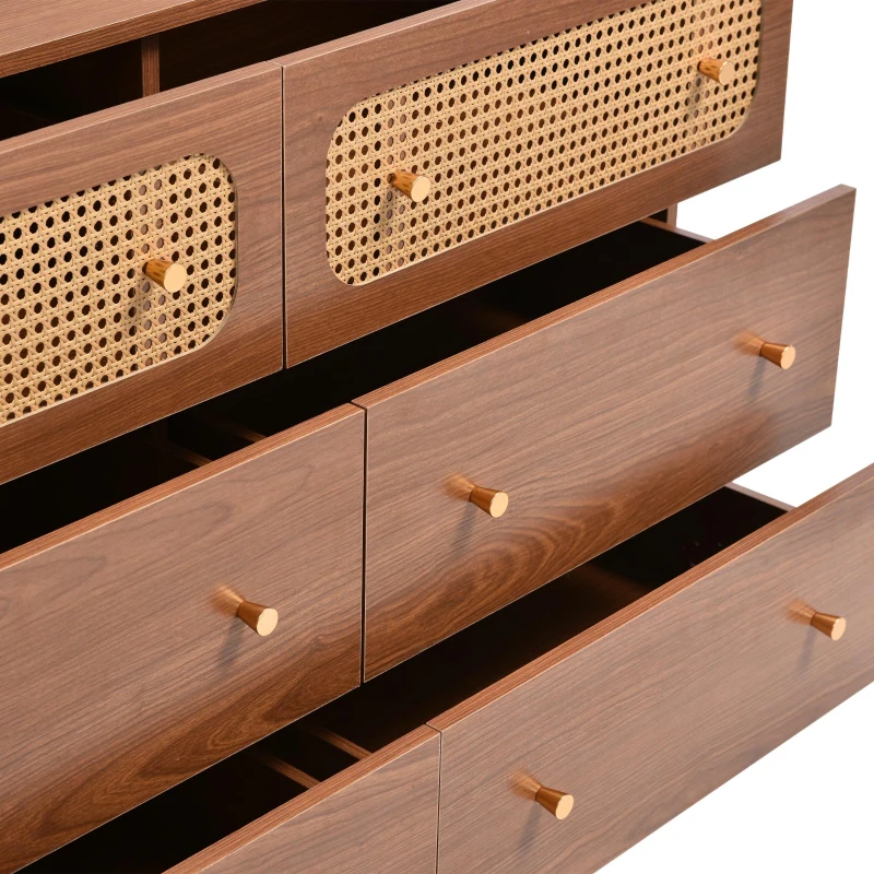 Rattan Sideboard Cabinet with 2 Perforated Rattan-Front Drawers, Walnut 6-Drawer Dresser for Lounge or Dining Areas, 120L x 40W x 90H cm, Walnut