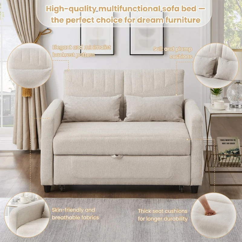 Adjustable Sofa Bed with 3-Level Backrest, Comfortable Couch for Small Apartments, Living Rooms, or Bedrooms, 112L x 169W x 59H cm, Beige