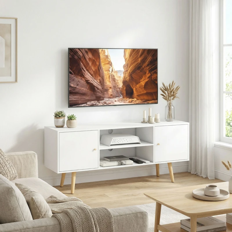 HOMCOM TV Stand Cabinet up to 55 Inches, TV Unit with Storage Shelves and Wood Legs for Living Room, Bedroom, White