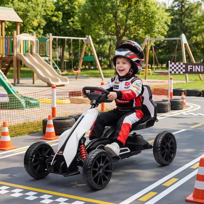 HOMCOM Go-Kart für Kinder, Elektro-Kart, bis 5 km/h, Sicherheitsgurt, Sitz mit Rückenlehne, Kunststoff, Metall, Weiß(m-9)