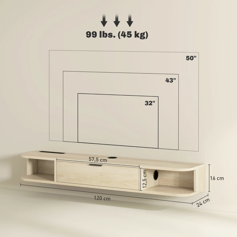 HOMCOM Meuble TV suspendu, meuble télé pour téléviseur jusqu'à 50 pouces, tiroir rabattable 2 étagères 120x24x16cm bois naturel