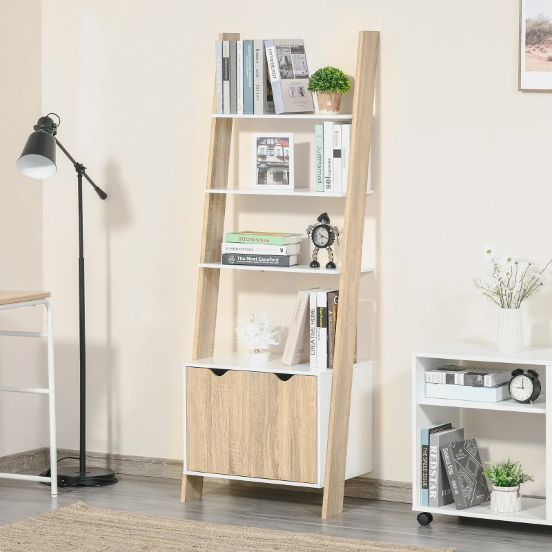 HOMCOM Estante em Forma de Escada de Madeira com 3 Prateleiras e 1 Armário Estante de Estilo Nórdico Moderno 60x40x171cm Carvalho e Branco