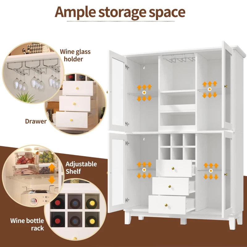 White Wine Cabinet with App-Controlled RGB LED Lighting, Adjustable-Dlass-Shelf Showcase with Wine Rack and Glass Holder, 120L x 40W x 180.5H cm, White