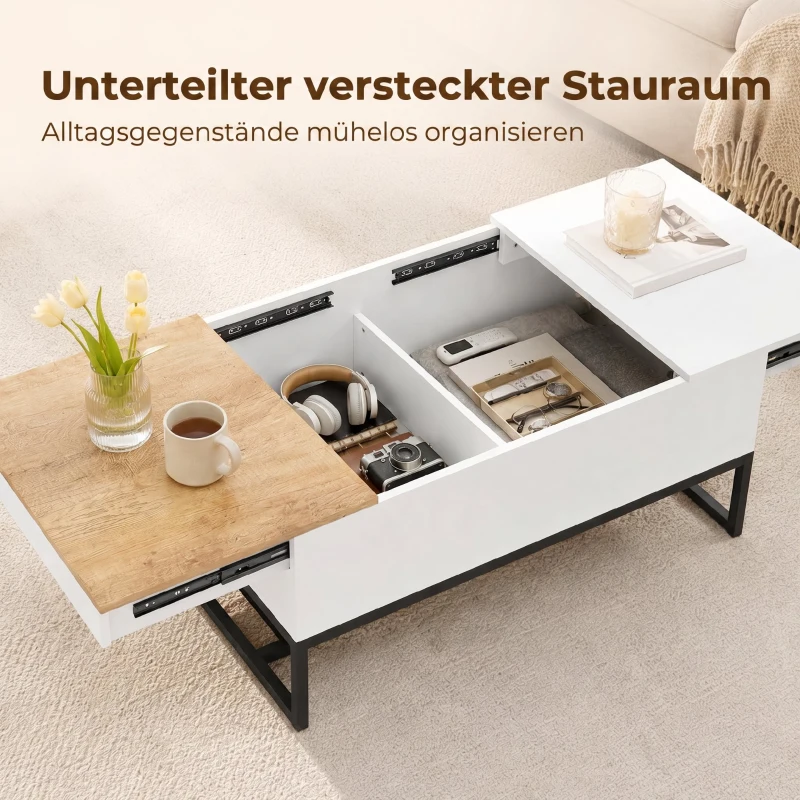 HOMCOM Ausziehbarer Couchtisch, moderner Wohnzimmertisch mit verschiebbarer Platte, verstecktem Stauraum und Stahlbeinen, Weiß