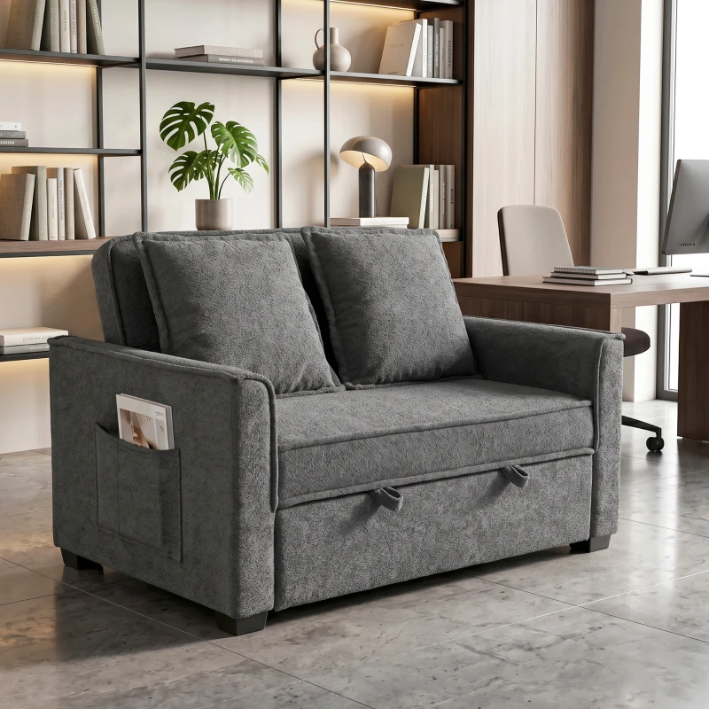 HOMCOM Sofá-Cama 2 Lugares 3 em 1 com Encosto Ajustável Bolsos Laterais 2 Almofadas para Sala Cinzento Escuro